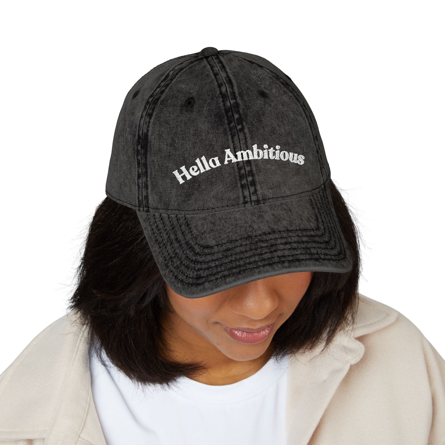 Vintage Cap with 'Hello Ambitions' Embroidery