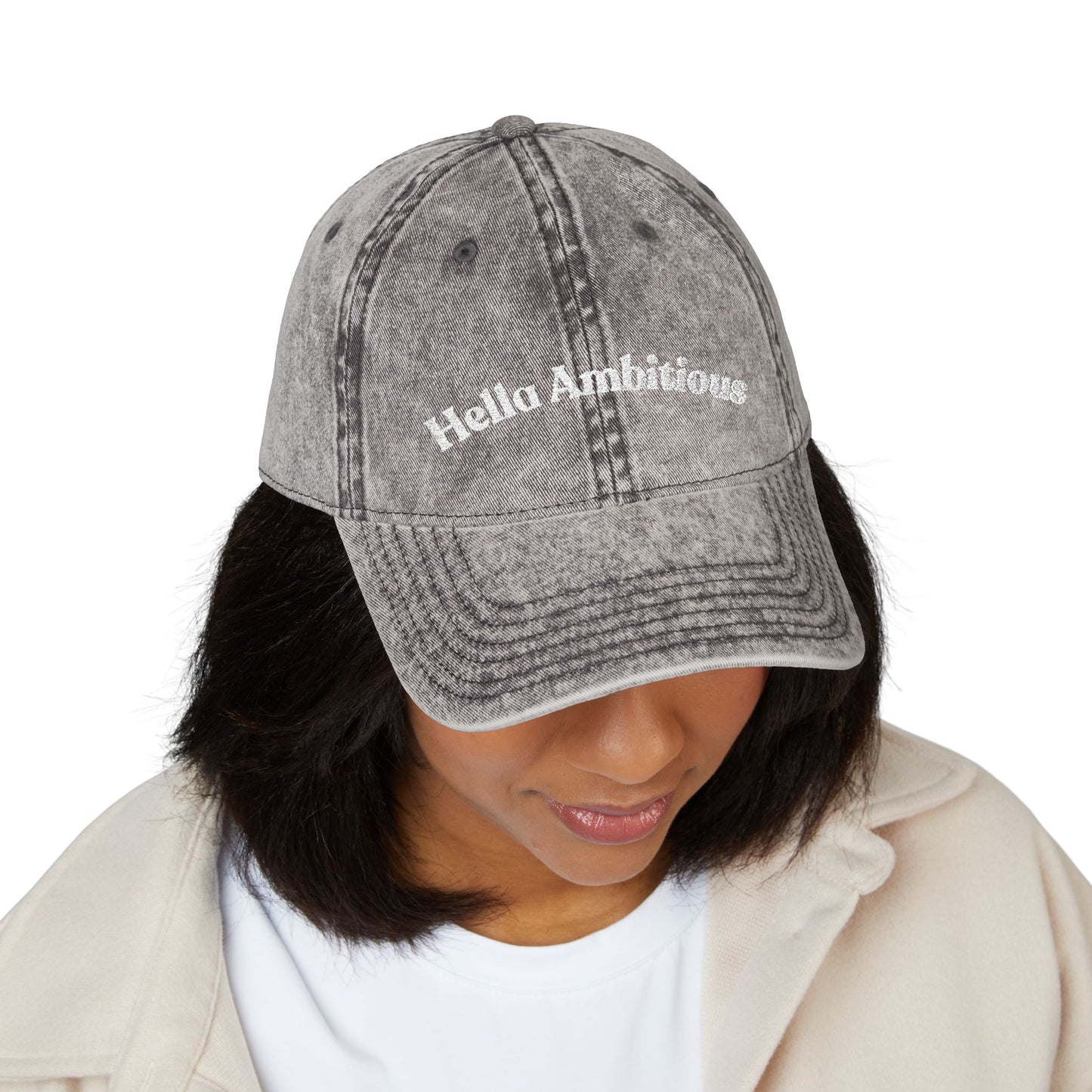 Vintage Cap with 'Hello Ambitions' Embroidery