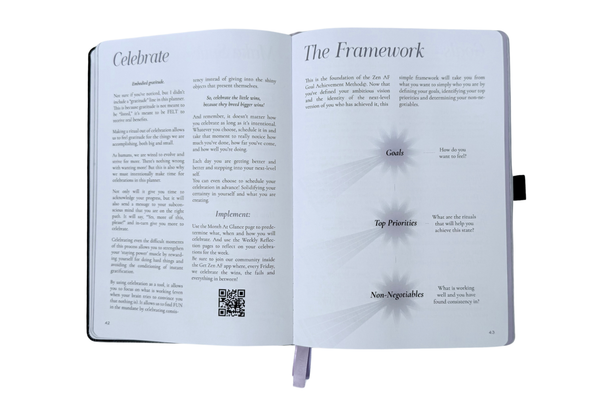 Open book with text and a QR code on a white background