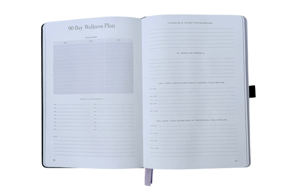 Open notebook with a 90-Day Wellness Plan on a white background