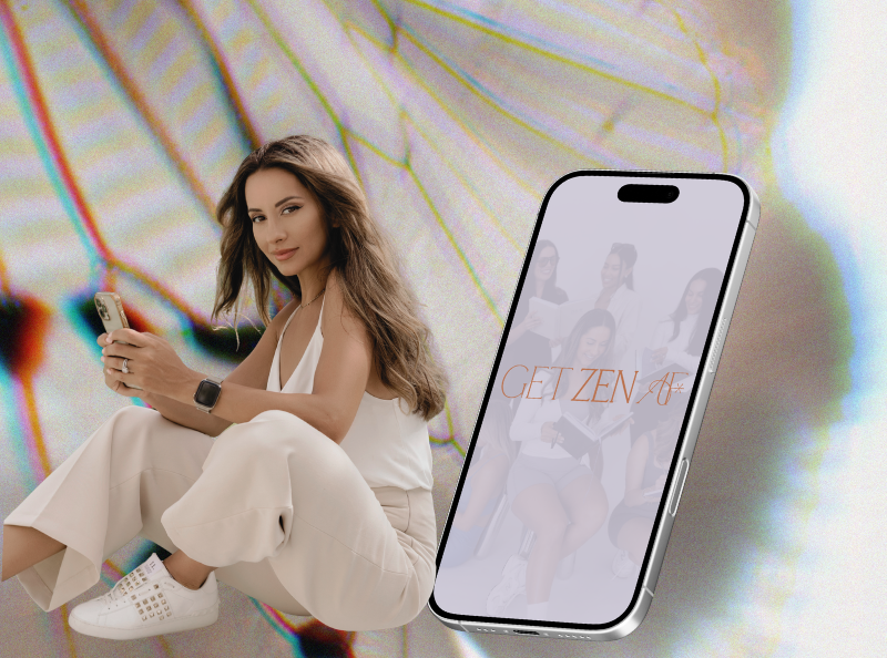 Woman holding a phone with a colorful abstract background and a phone case with 'GET ZEN AF' text.